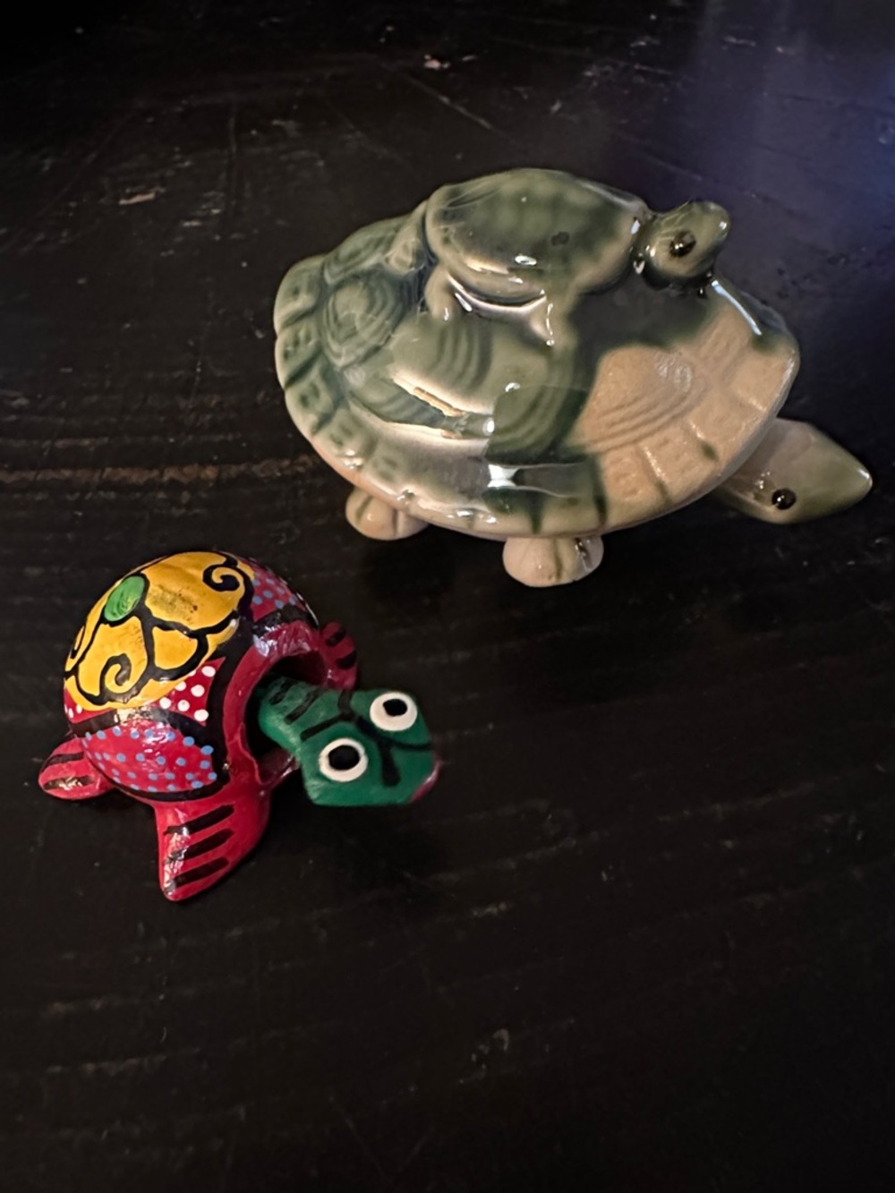 Vintage Turtle Bobbleheads Ceramic & Wood Figurines-Set of 2- Green & Multicolor